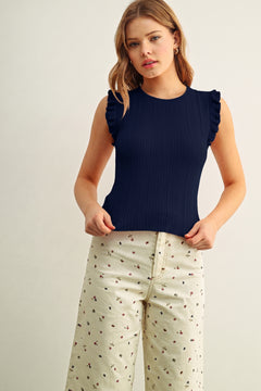 Ribbed Top With Ruffled Sleeve