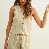 Crinkle Fabric Button Front Top