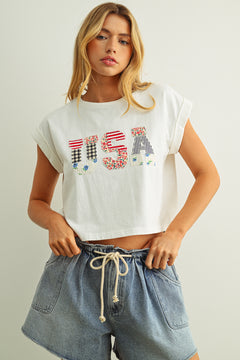USA Floral Patchwork Top