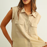 Front Pocket Sleeveless Chiffon Blouse