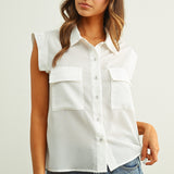 Front Pocket Sleeveless Chiffon Blouse