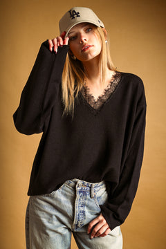 Lace Contrast Knit Top