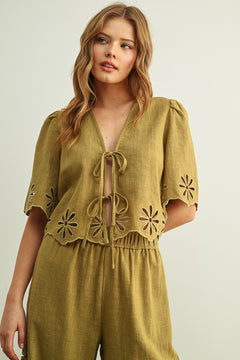 Embroidered Tie Front Top
