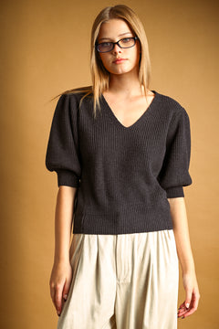 V Neck Short Puff Sleeve Knit Top