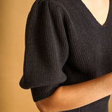 V Neck Short Puff Sleeve Knit Top