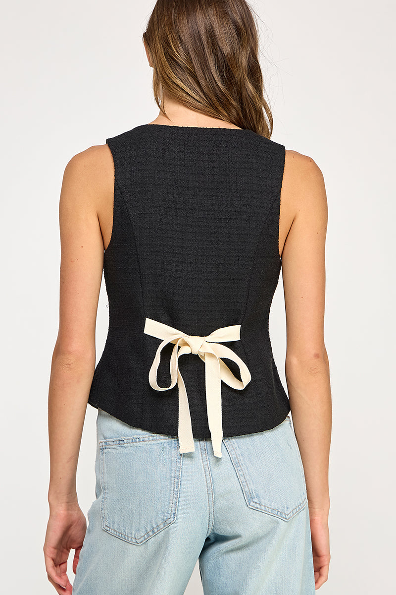 Back Bow Detail Button Down Vest - black with white bow on back, womens top collection