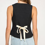 Back Bow Detail Button Down Vest - black with white bow on back, womens top collection