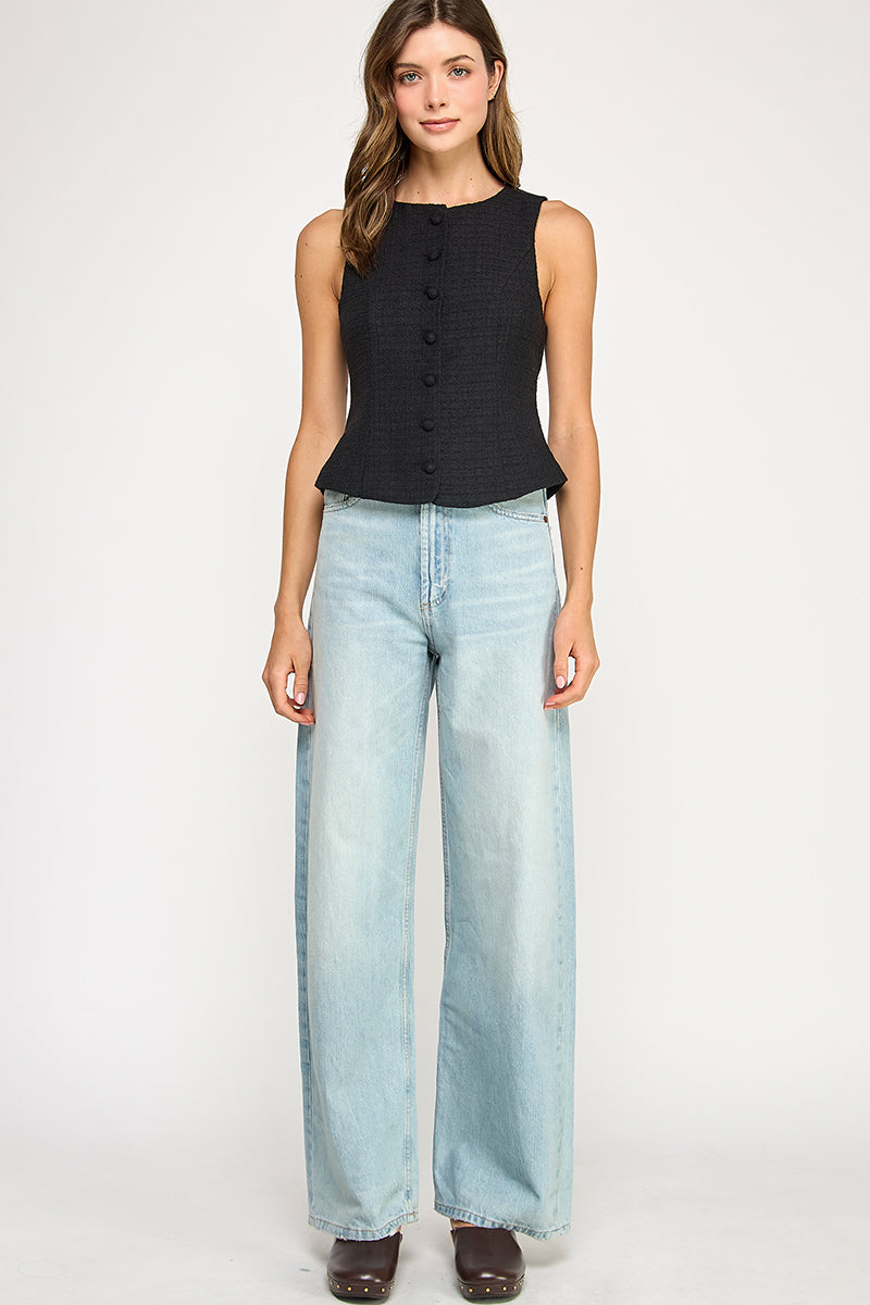 Back Bow Detail Button Down Vest - black with white bow on back, womens top collection