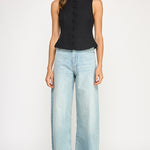 Back Bow Detail Button Down Vest - black with white bow on back, womens top collection