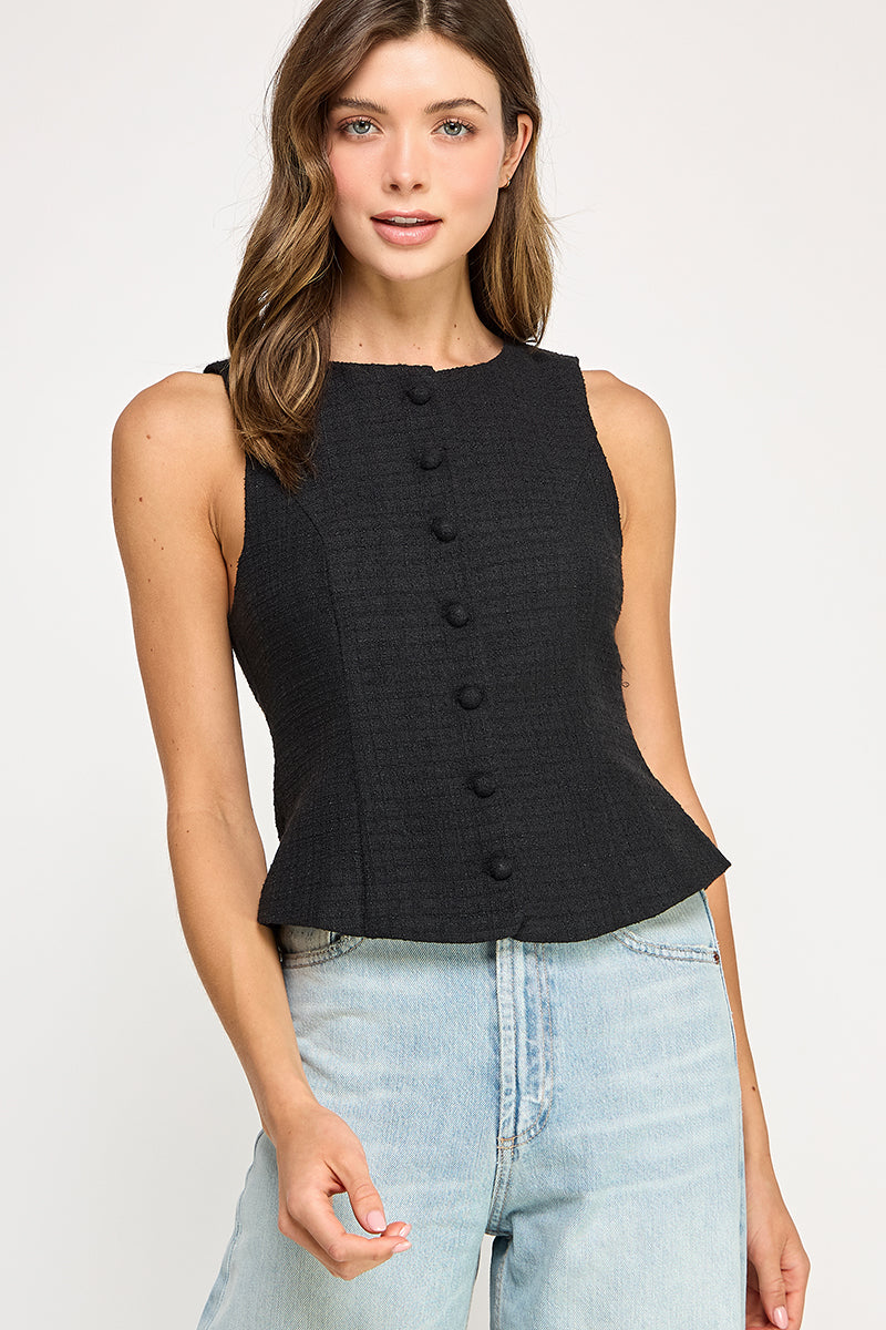 Back Bow Detail Button Down Vest - black with white bow on back, womens top collection