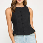Back Bow Detail Button Down Vest - black with white bow on back, womens top collection