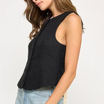 Back Bow Detail Button Down Vest - black with white bow on back, womens top collection