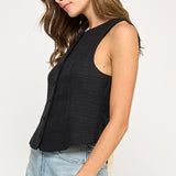 Back Bow Detail Button Down Vest - black with white bow on back, womens top collection