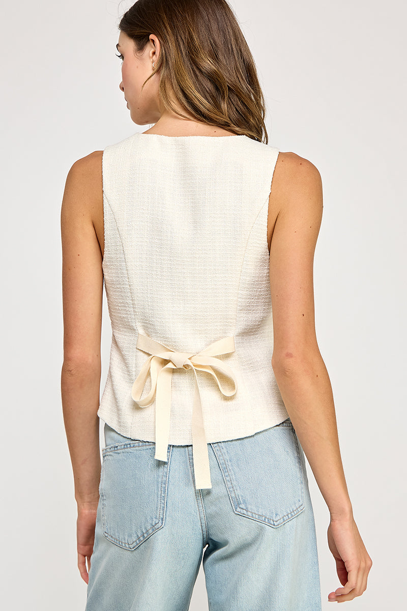 Back Bow Detail Button Down Vest - white with cream bow on back, womens top collection