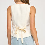 Back Bow Detail Button Down Vest - white with cream bow on back, womens top collection