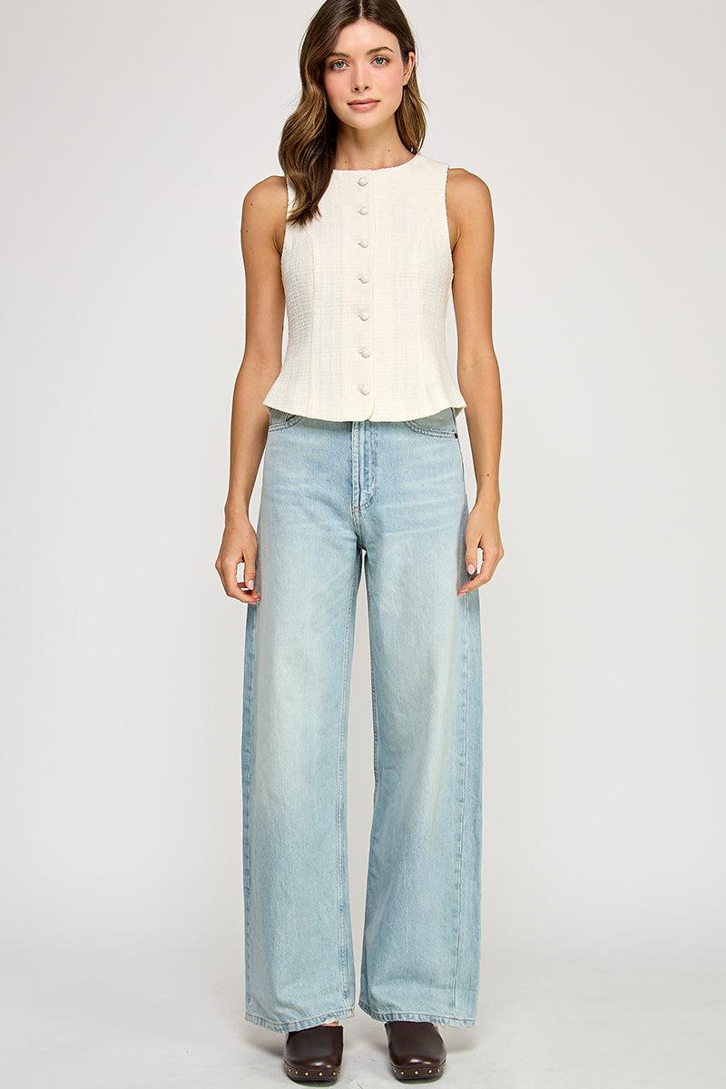 Back Bow Detail Button Down Vest - white with cream bow on back, womens top collection