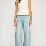 Back Bow Detail Button Down Vest - white with cream bow on back, womens top collection