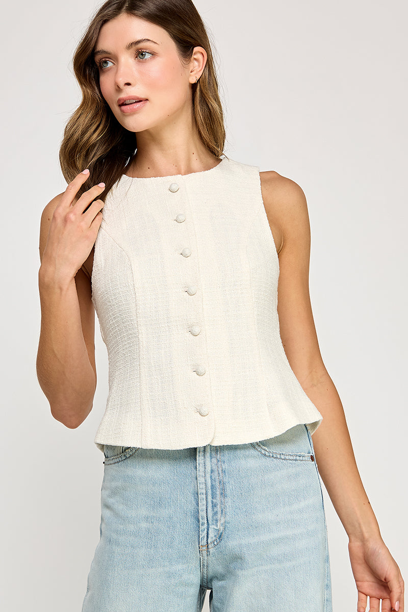 Back Bow Detail Button Down Vest - white with cream bow on back, womens top collection