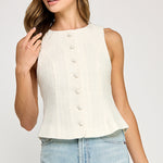 Back Bow Detail Button Down Vest - white with cream bow on back, womens top collection