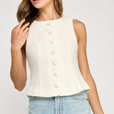 Back Bow Detail Button Down Vest - white with cream bow on back, womens top collection