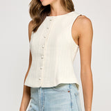 Back Bow Detail Button Down Vest - white with cream bow on back, womens top collection