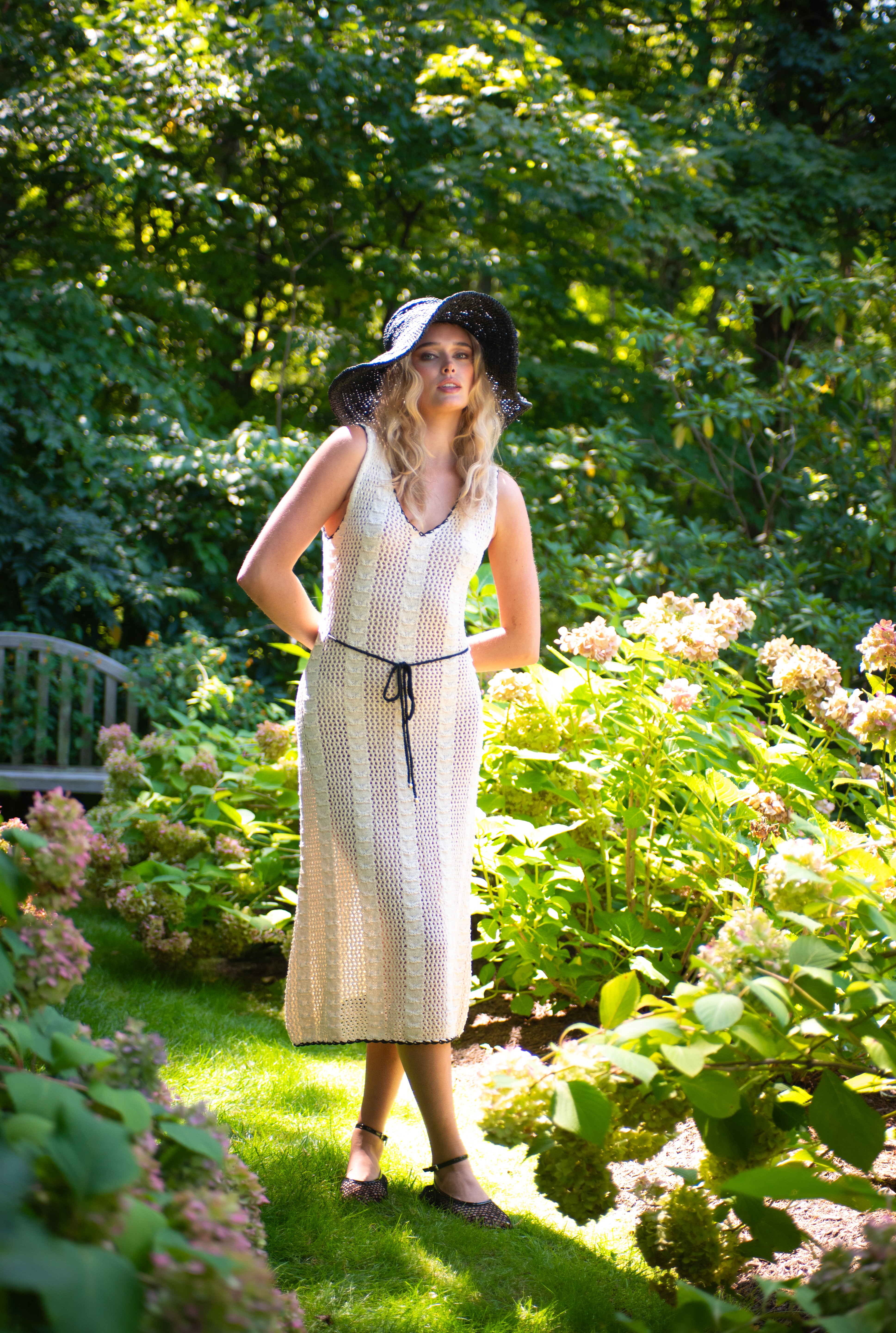Crochet Midi Dress with Pipe Trim and Tie Waist - Cream with black trim, womens dress collection 