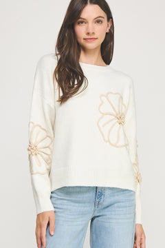 Floral Embroidered Sweater - ivory/tan, womens sweater collection