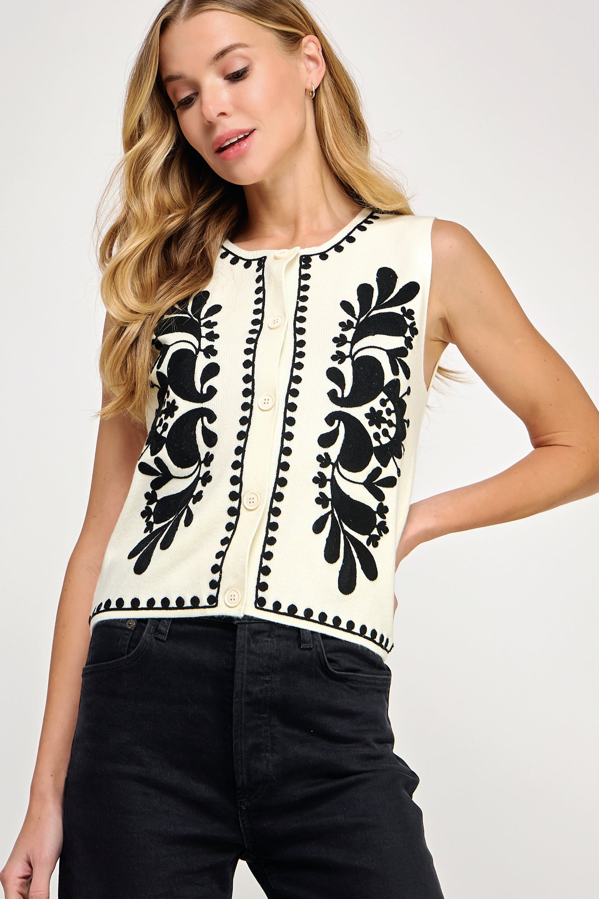 Embroidered Sleeveless Vest Top - Ivory with Black embroidered detailing, Women's Top/Vest Collection