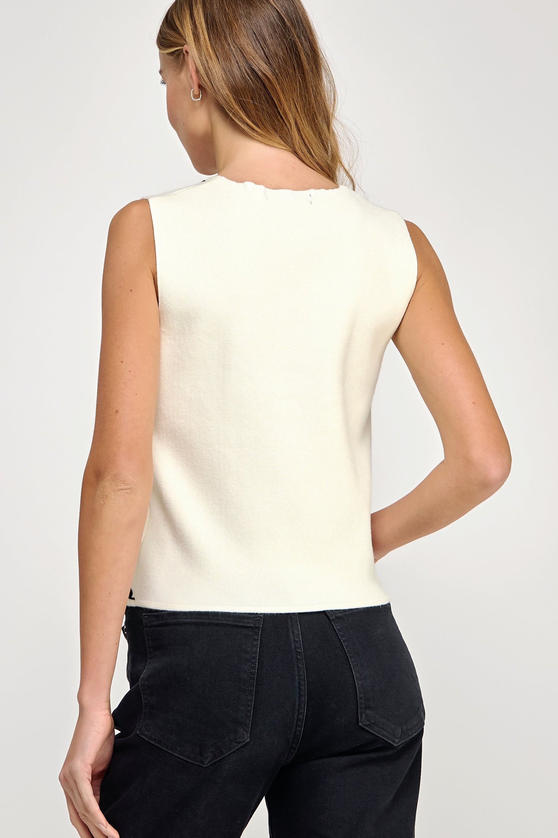 Embroidered Sleeveless Vest Top - Ivory with Black embroidered detailing, Women's Top/Vest Collection