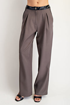 Leather Contrast Pant With Button Detail - Charcoal, Women's Pants Collection