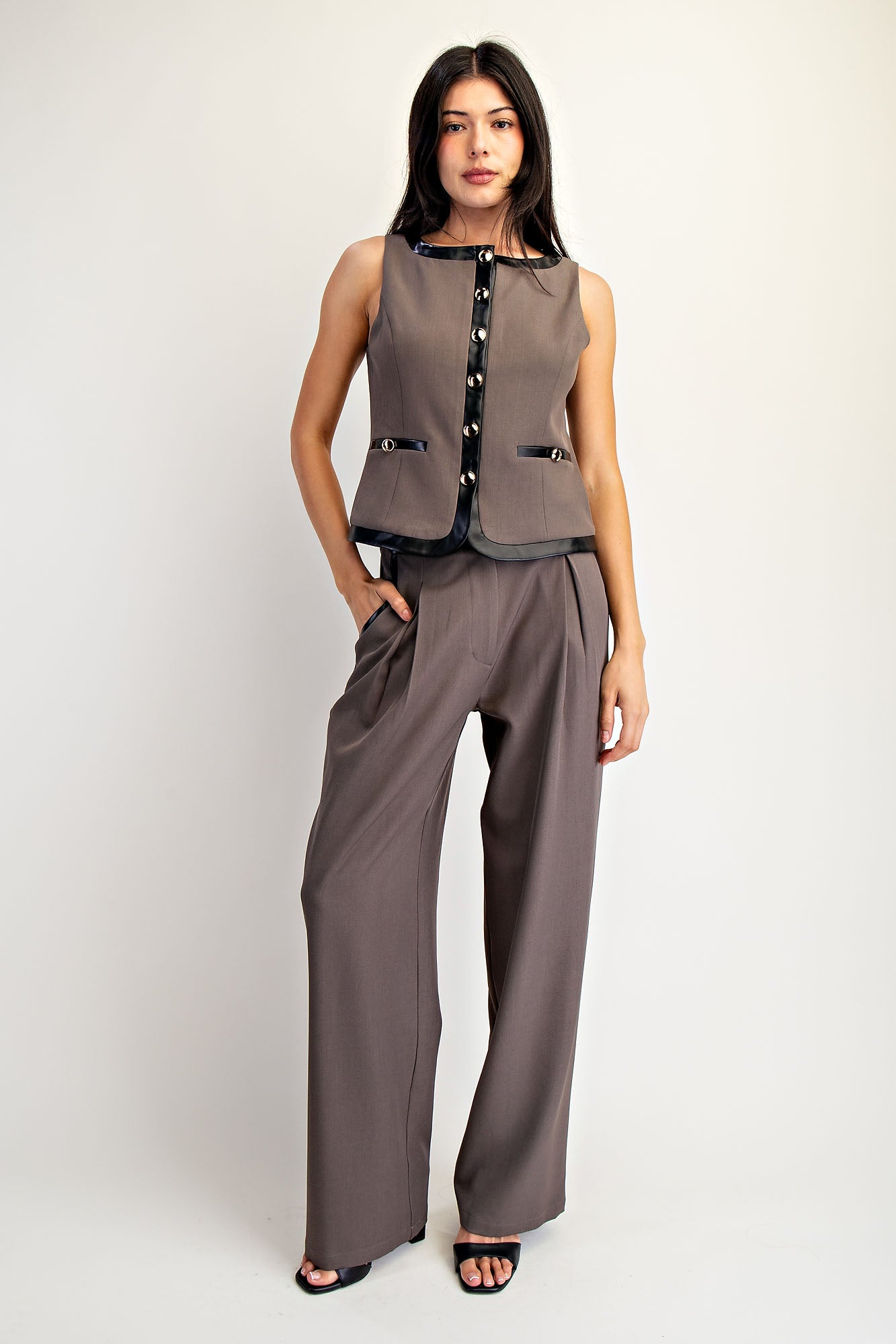 Leather Contrast Vest With Gold Button Detail - Charcoal, Women's Tops Collection