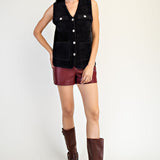 V Neck Metallic Edge Fluffy Vest - black, womens vest collection