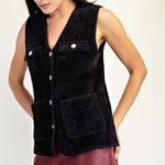 V Neck Metallic Edge Fluffy Vest - black, womens vest collection