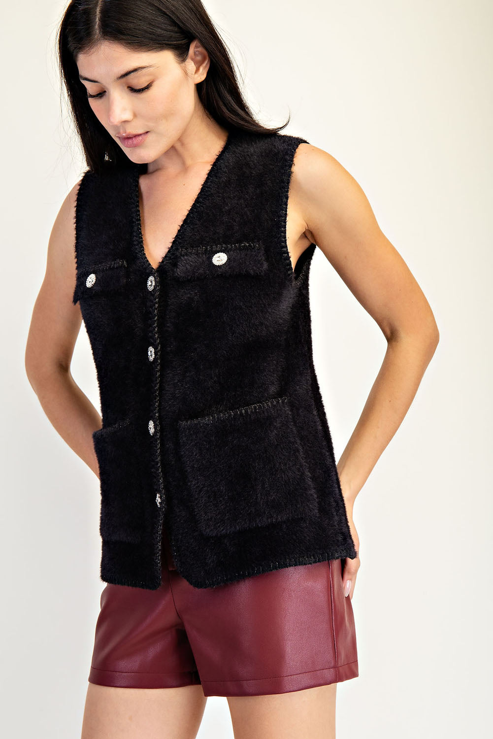 V Neck Metallic Edge Fluffy Vest - black, womens vest collection