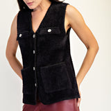 V Neck Metallic Edge Fluffy Vest - black, womens vest collection
