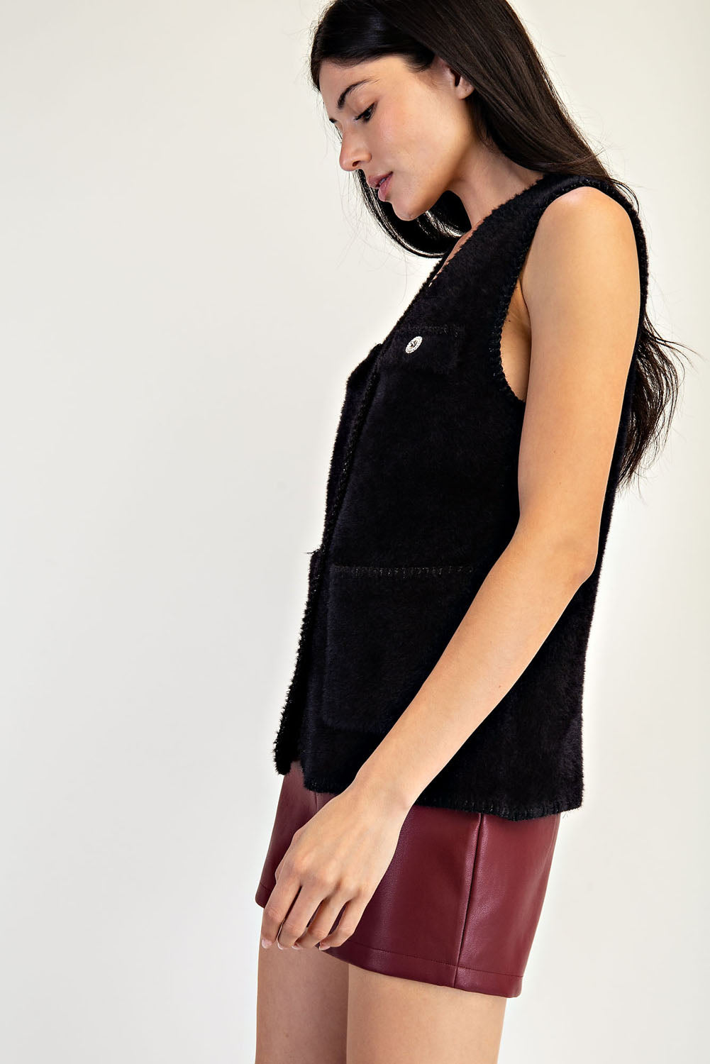 V Neck Metallic Edge Fluffy Vest - black, womens vest collection