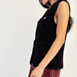V Neck Metallic Edge Fluffy Vest - black, womens vest collection