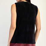 V Neck Metallic Edge Fluffy Vest - black, womens vest collection