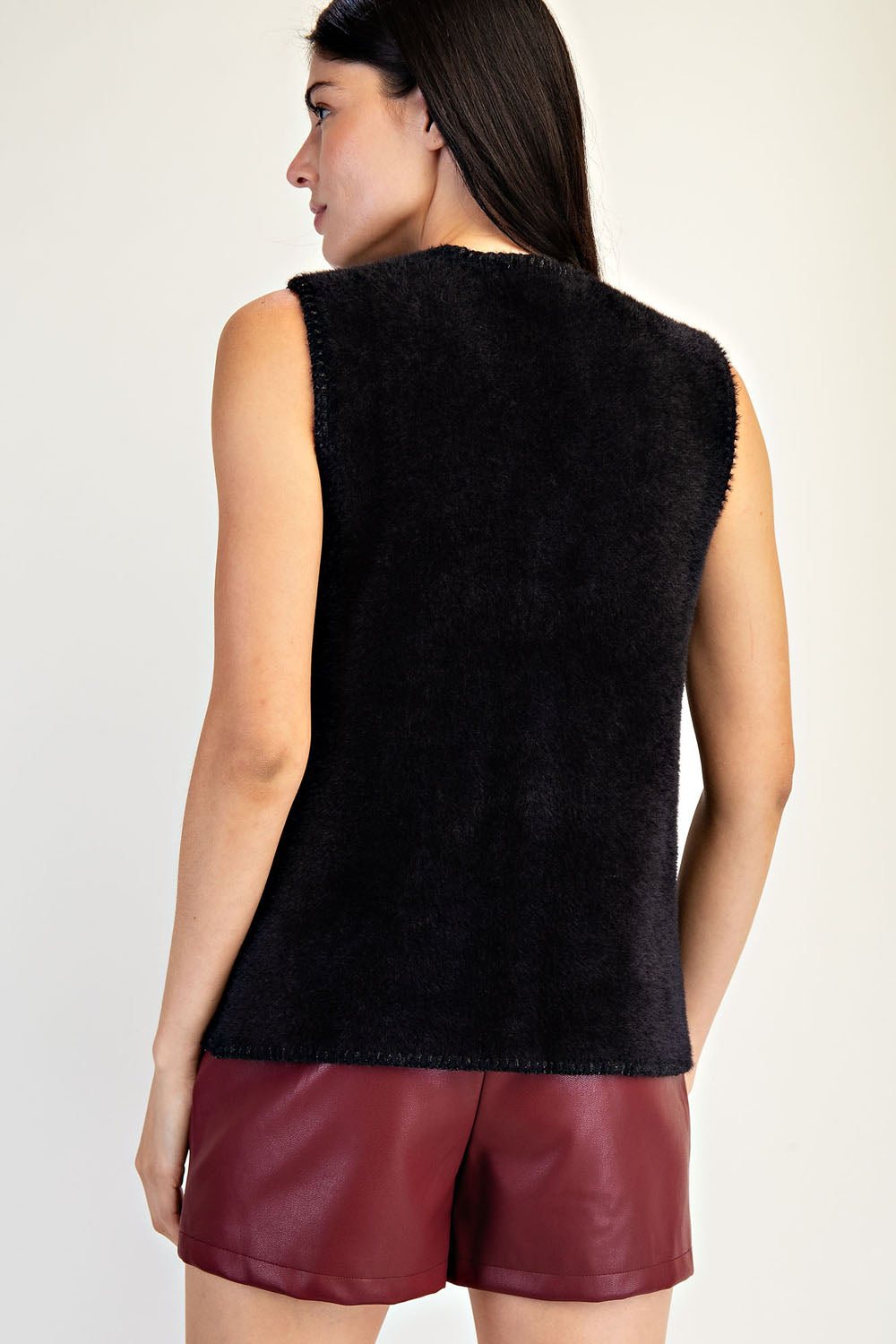 V Neck Metallic Edge Fluffy Vest - black, womens vest collection