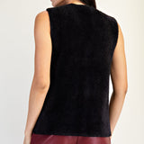 V Neck Metallic Edge Fluffy Vest - black, womens vest collection