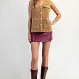 V Neck Metallic Edge Fluffy Vest - hazelnut, womens vest collection