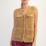 V Neck Metallic Edge Fluffy Vest - hazelnut, womens vest collection