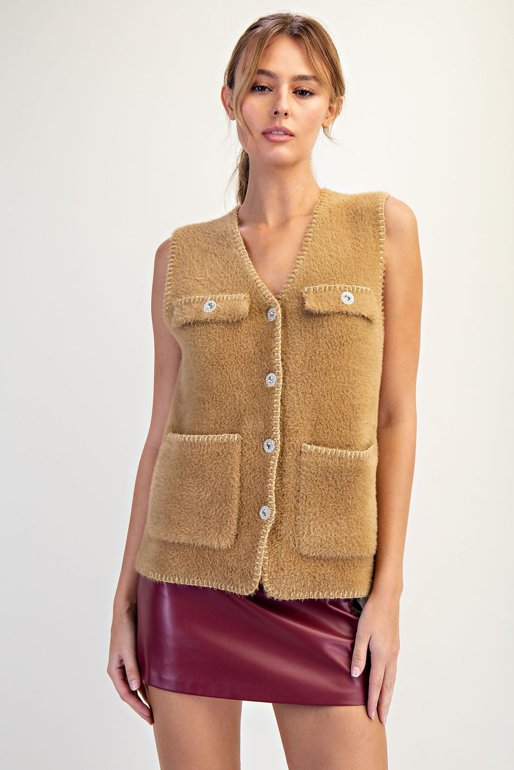 V Neck Metallic Edge Fluffy Vest - hazelnut, womens vest collection