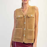 V Neck Metallic Edge Fluffy Vest - hazelnut, womens vest collection