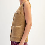 V Neck Metallic Edge Fluffy Vest - hazelnut, womens vest collection