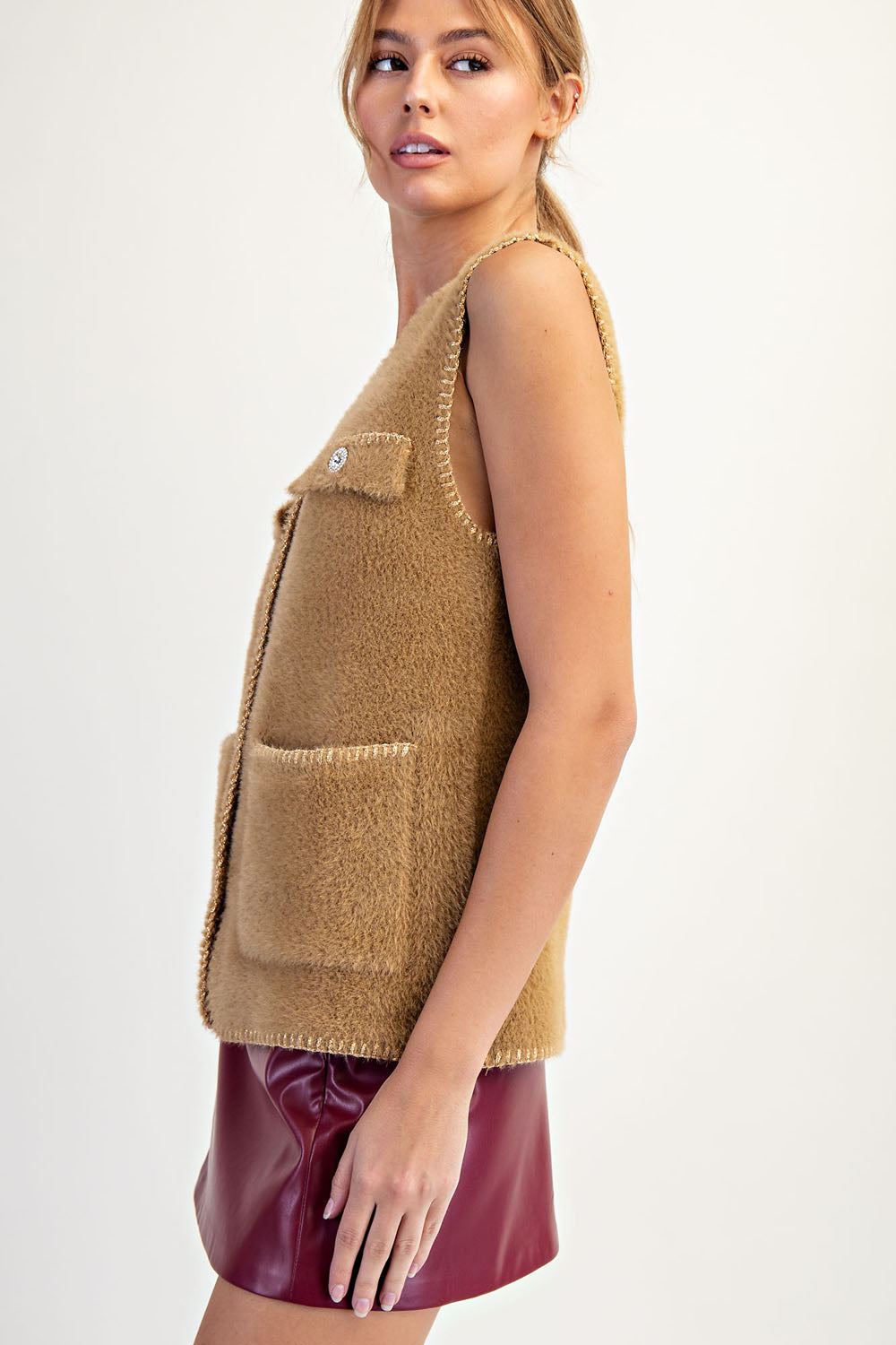V Neck Metallic Edge Fluffy Vest - hazelnut, womens vest collection