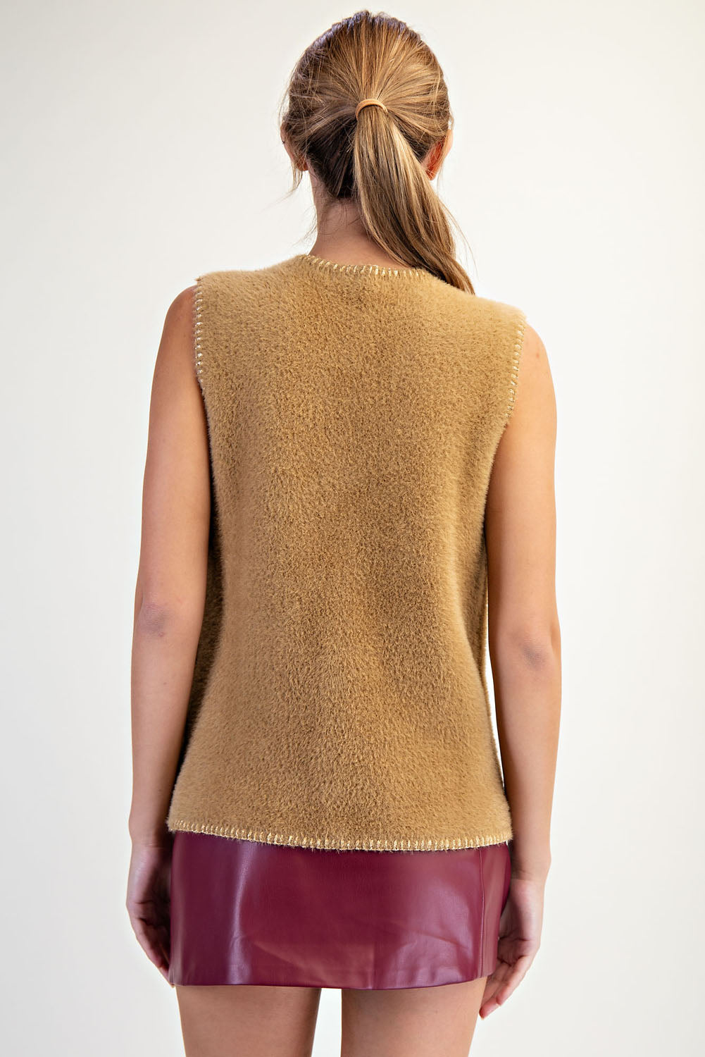 V Neck Metallic Edge Fluffy Vest - hazelnut, womens vest collection