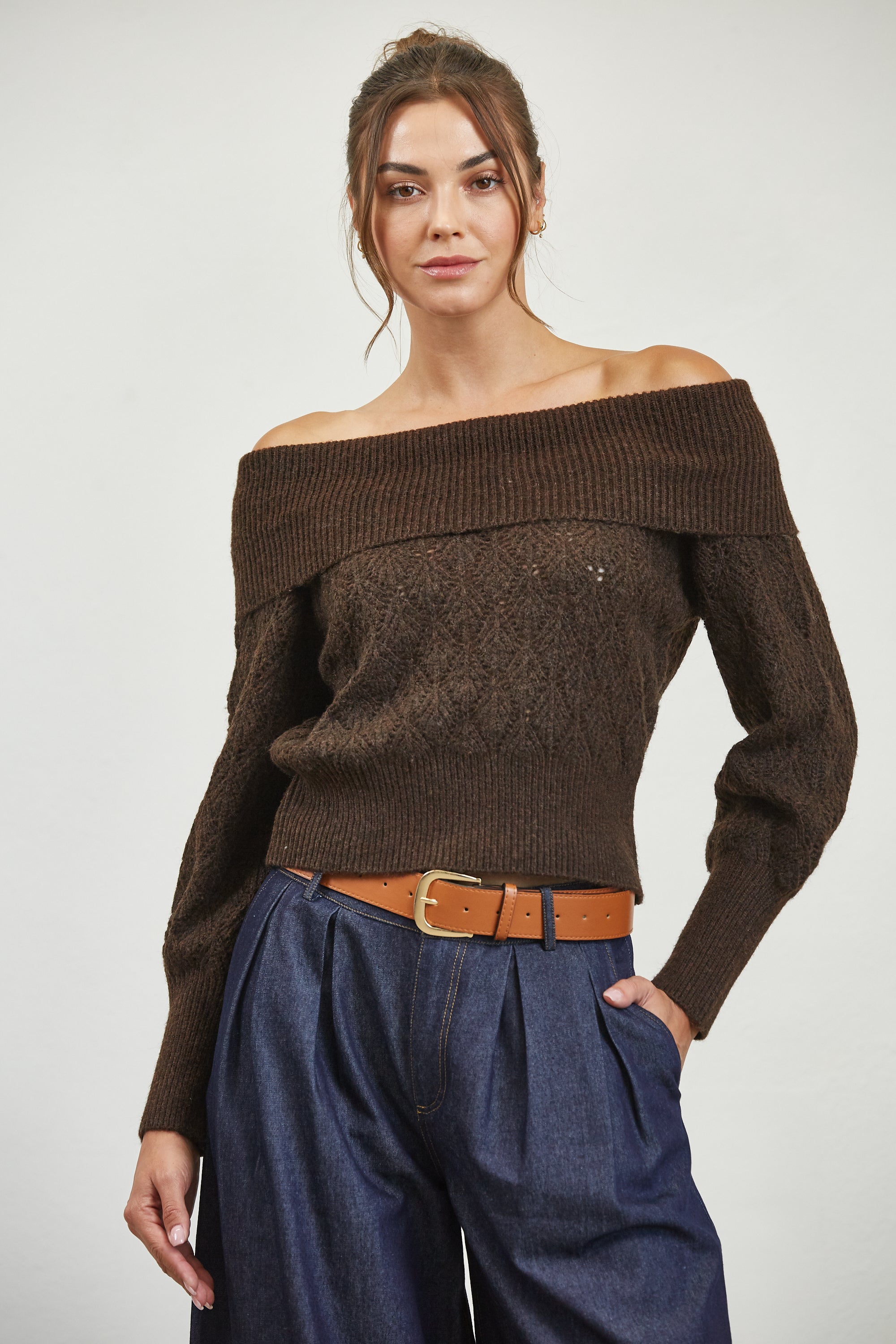 Off Shoulder Pattern Sweater - brown, womens sweater collection