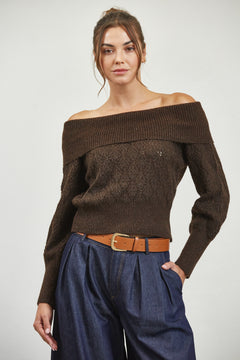 Off Shoulder Pattern Sweater - brown, womens sweater collection