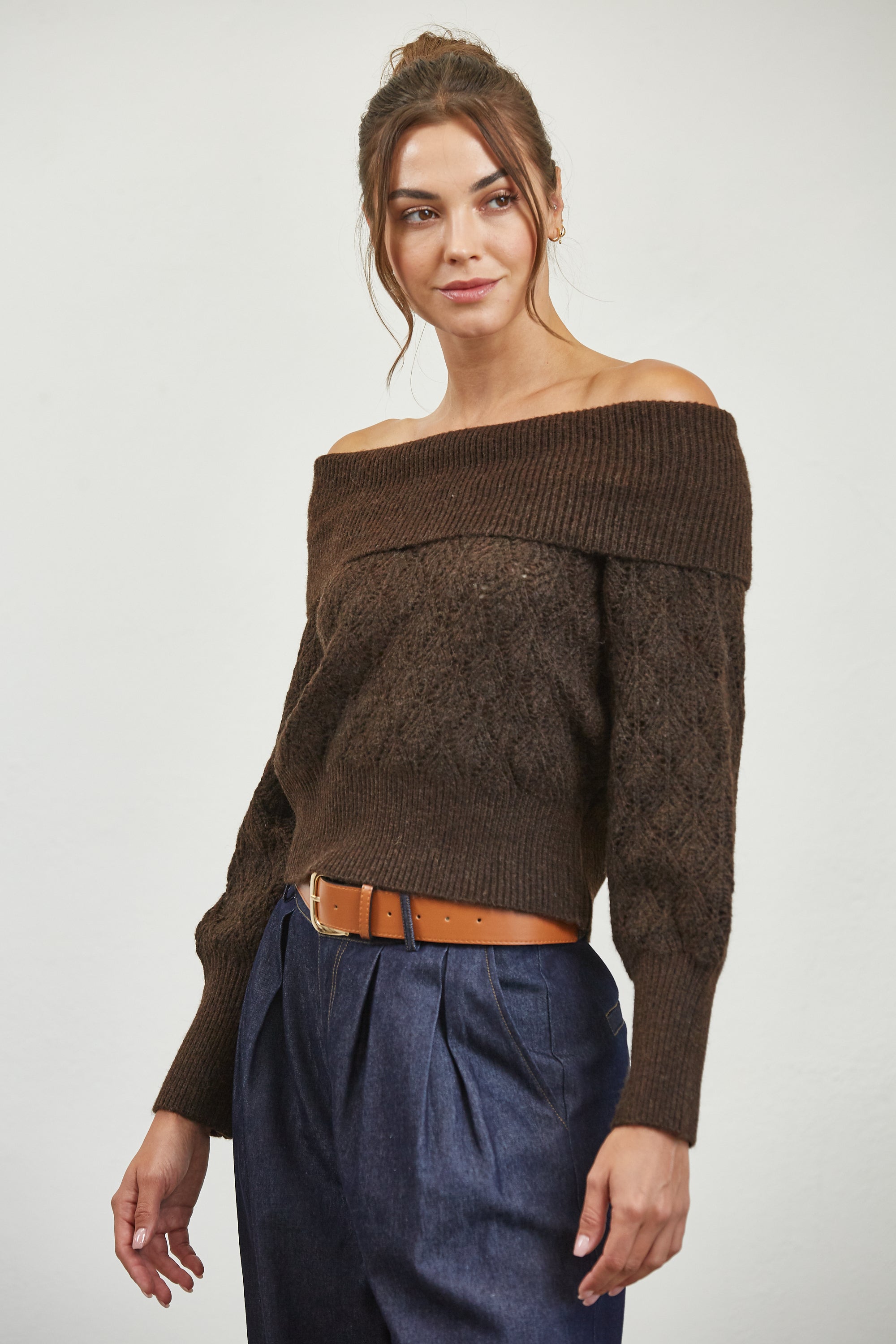 Off Shoulder Pattern Sweater - brown, womens sweater collection